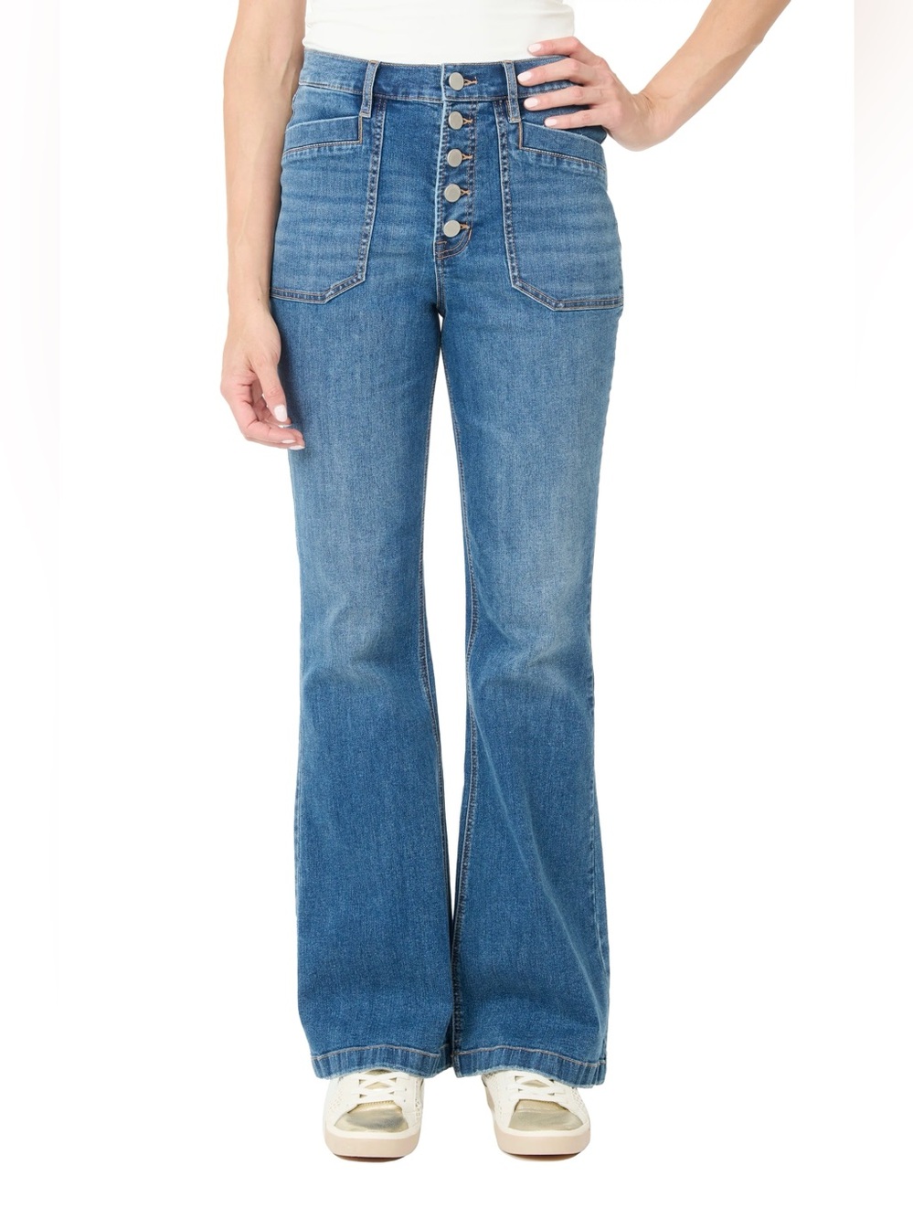 Nicole Miller ‘Nomad’ High Rise Button Front Flare Denim Jeans Casual Classic